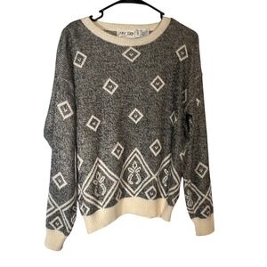 Vintage Fast Turn Sweater Medium Diamond Pattern Geometric Knit Gray Cream